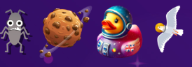 Our Mascots and fun images: Bug, Cookie Planet, SpaceDuck, SpaceSeagull